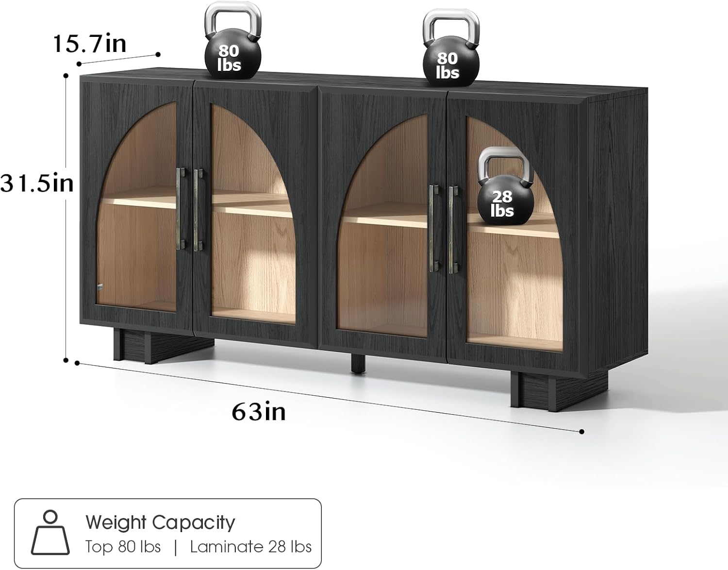 OINICE 63” Sideboard Buffet Cabinet with Storage for Dining Room,Black | Modern Accent Console Cabinet with Arched Glass Doors,supports up to 100 lbs,Adjustable Shelves,for Kitchen,Entryway