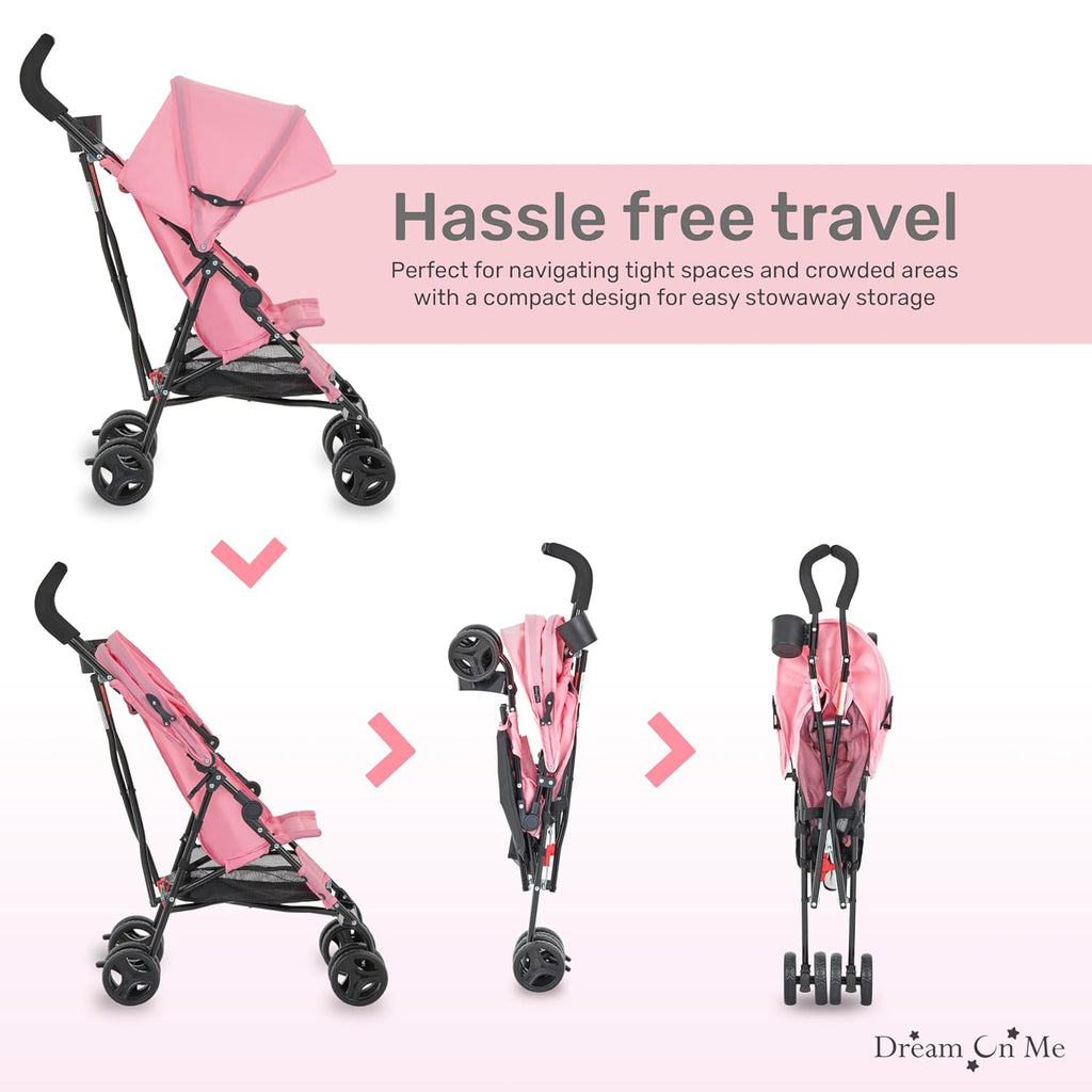 Dream On Me Rover Convenience Baby Stroller – Lightweight & Compact Travel Umbrella Stroller, Quick One-Hand Fold, Lockable Rear Wheels, Adjustable Canopy, 3-Point Safety Harness & Cup Holder- Pink