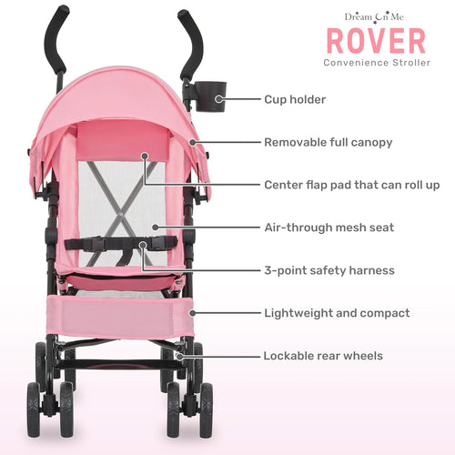 Dream On Me Rover Convenience Baby Stroller – Lightweight & Compact Travel Umbrella Stroller, Quick One-Hand Fold, Lockable Rear Wheels, Adjustable Canopy, 3-Point Safety Harness & Cup Holder- Pink