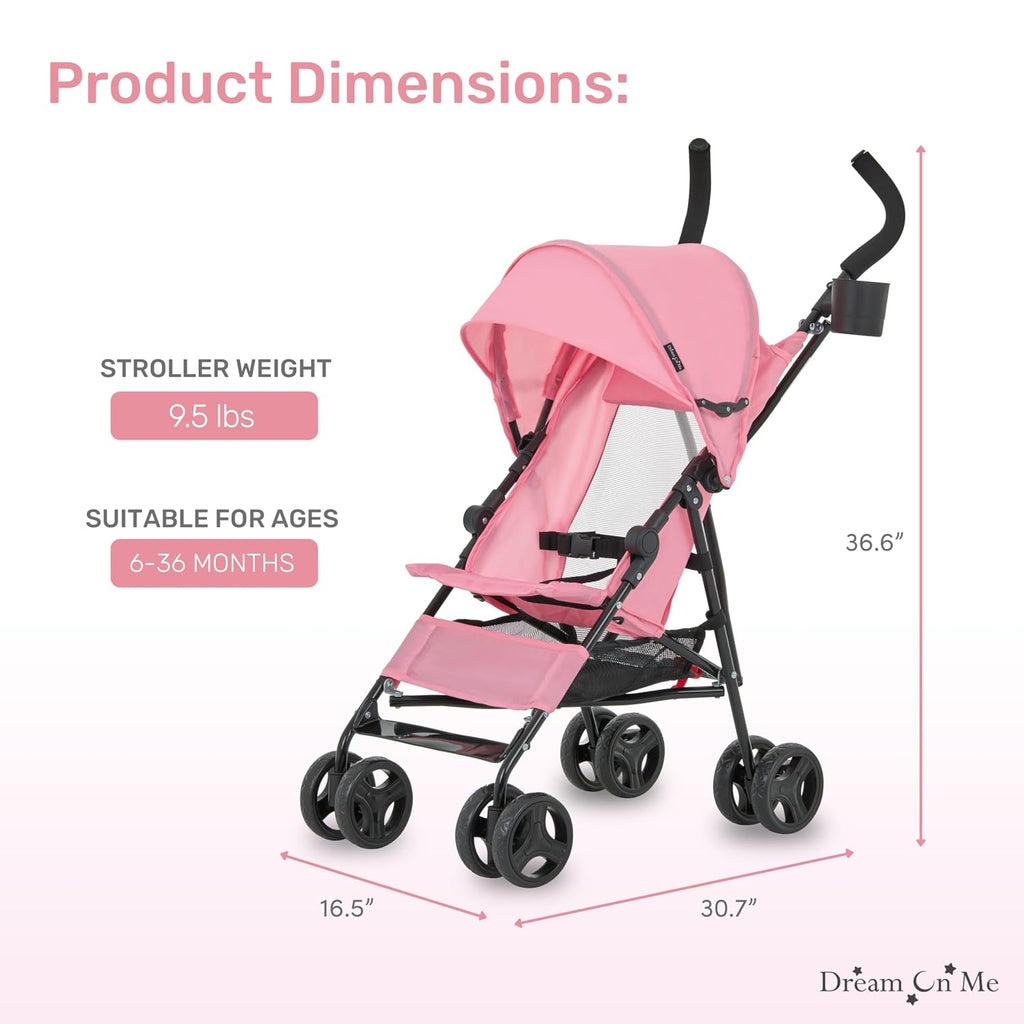 Dream On Me Rover Convenience Baby Stroller – Lightweight & Compact Travel Umbrella Stroller, Quick One-Hand Fold, Lockable Rear Wheels, Adjustable Canopy, 3-Point Safety Harness & Cup Holder- Pink