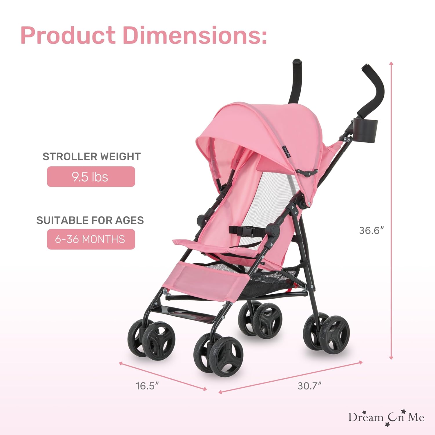 Dream On Me Rover Convenience Baby Stroller – Lightweight & Compact Travel Umbrella Stroller, Quick One-Hand Fold, Lockable Rear Wheels, Adjustable Canopy, 3-Point Safety Harness & Cup Holder- Pink