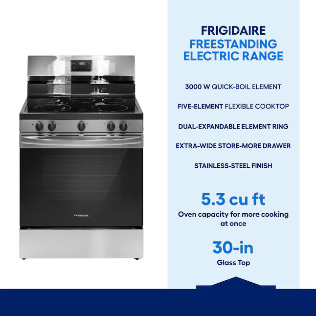 Frigidaire 30-Inch 5.3 Cu. Ft. Freestanding Electric Range with 5-Burner Glass Cooktop – Stainless Steel