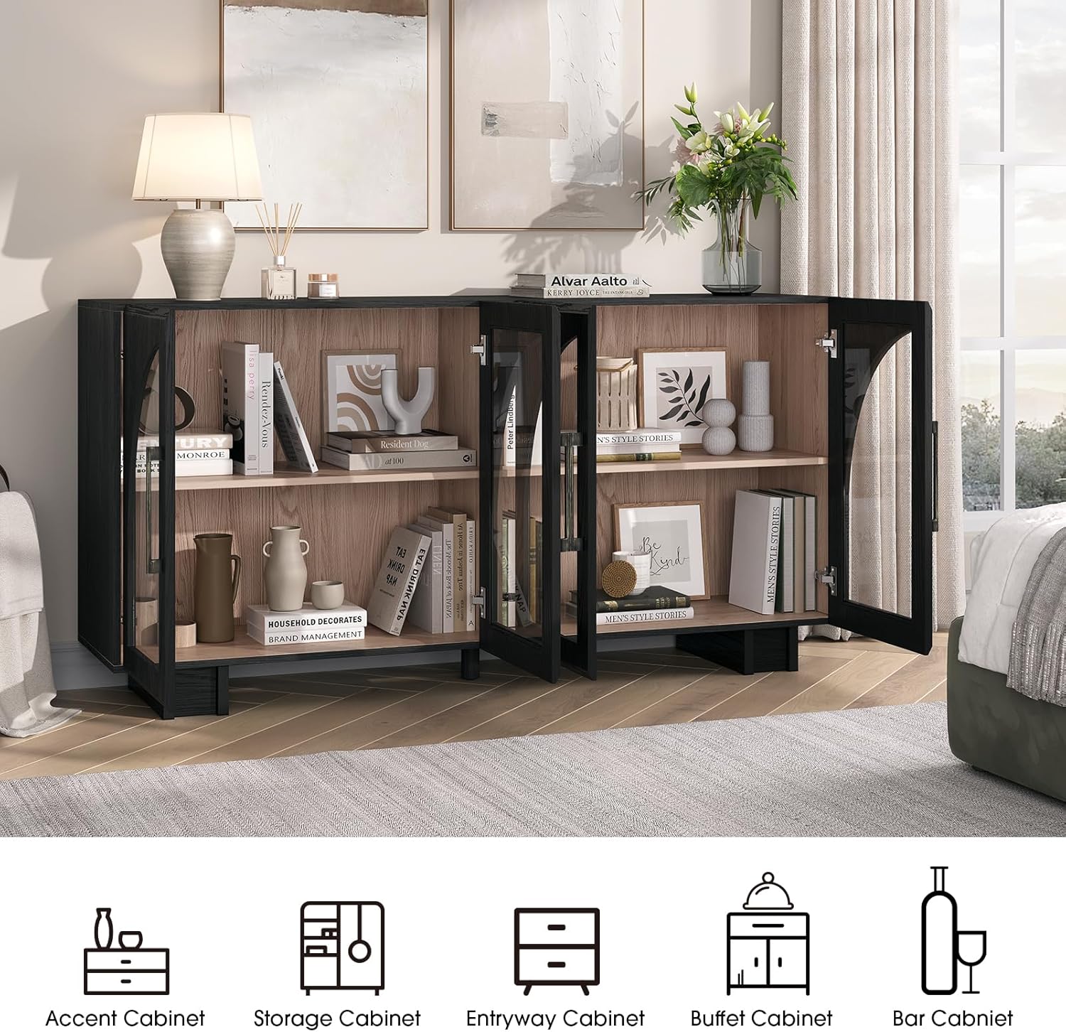 OINICE 63” Sideboard Buffet Cabinet with Storage for Dining Room,Black | Modern Accent Console Cabinet with Arched Glass Doors,supports up to 100 lbs,Adjustable Shelves,for Kitchen,Entryway