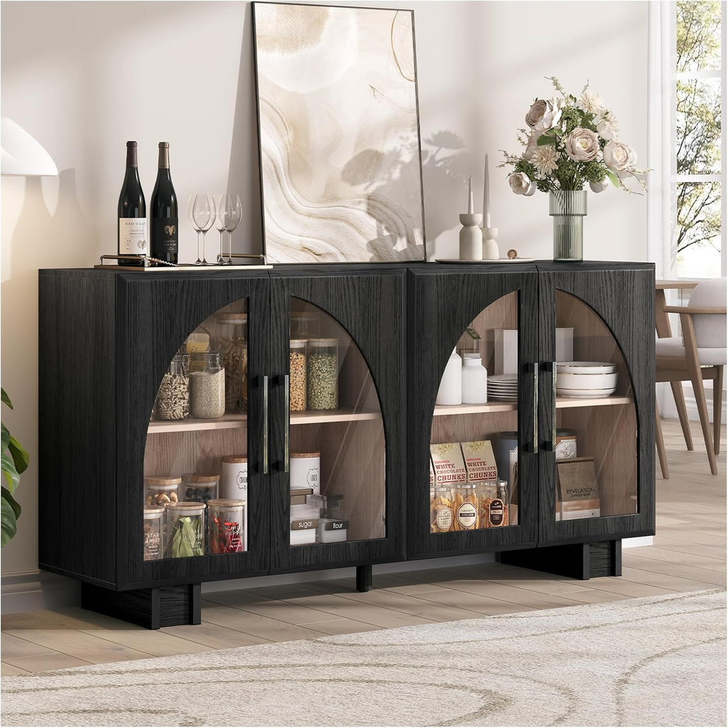 OINICE 63” Sideboard Buffet Cabinet with Storage for Dining Room,Black | Modern Accent Console Cabinet with Arched Glass Doors,supports up to 100 lbs,Adjustable Shelves,for Kitchen,Entryway