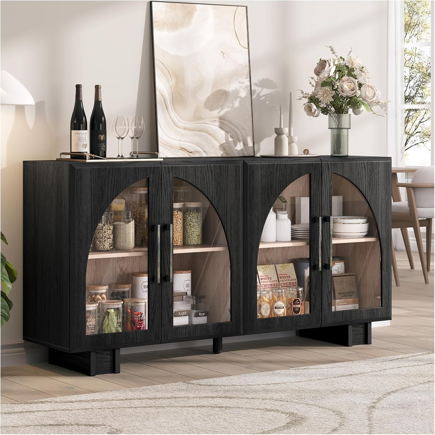OINICE 63” Sideboard Buffet Cabinet with Storage for Dining Room,Black | Modern Accent Console Cabinet with Arched Glass Doors,supports up to 100 lbs,Adjustable Shelves,for Kitchen,Entryway