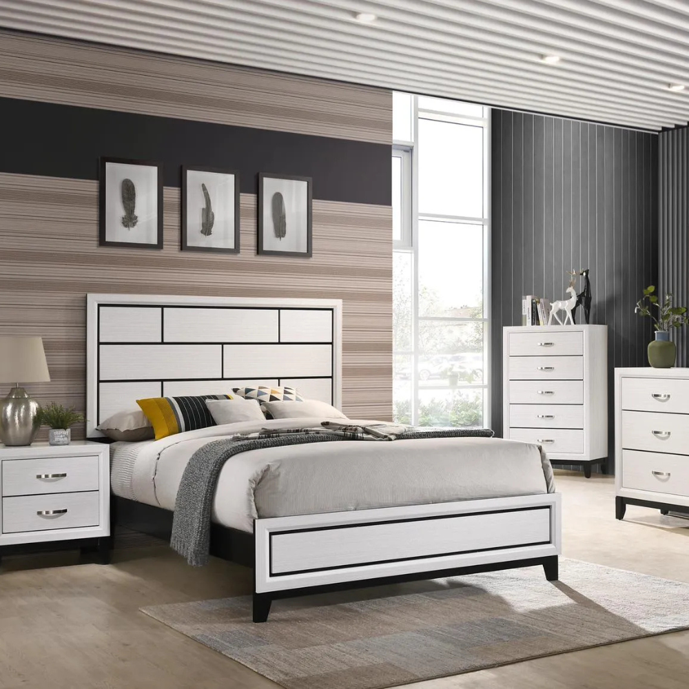 B211 Modern Panel Bed- White & Gray Finish