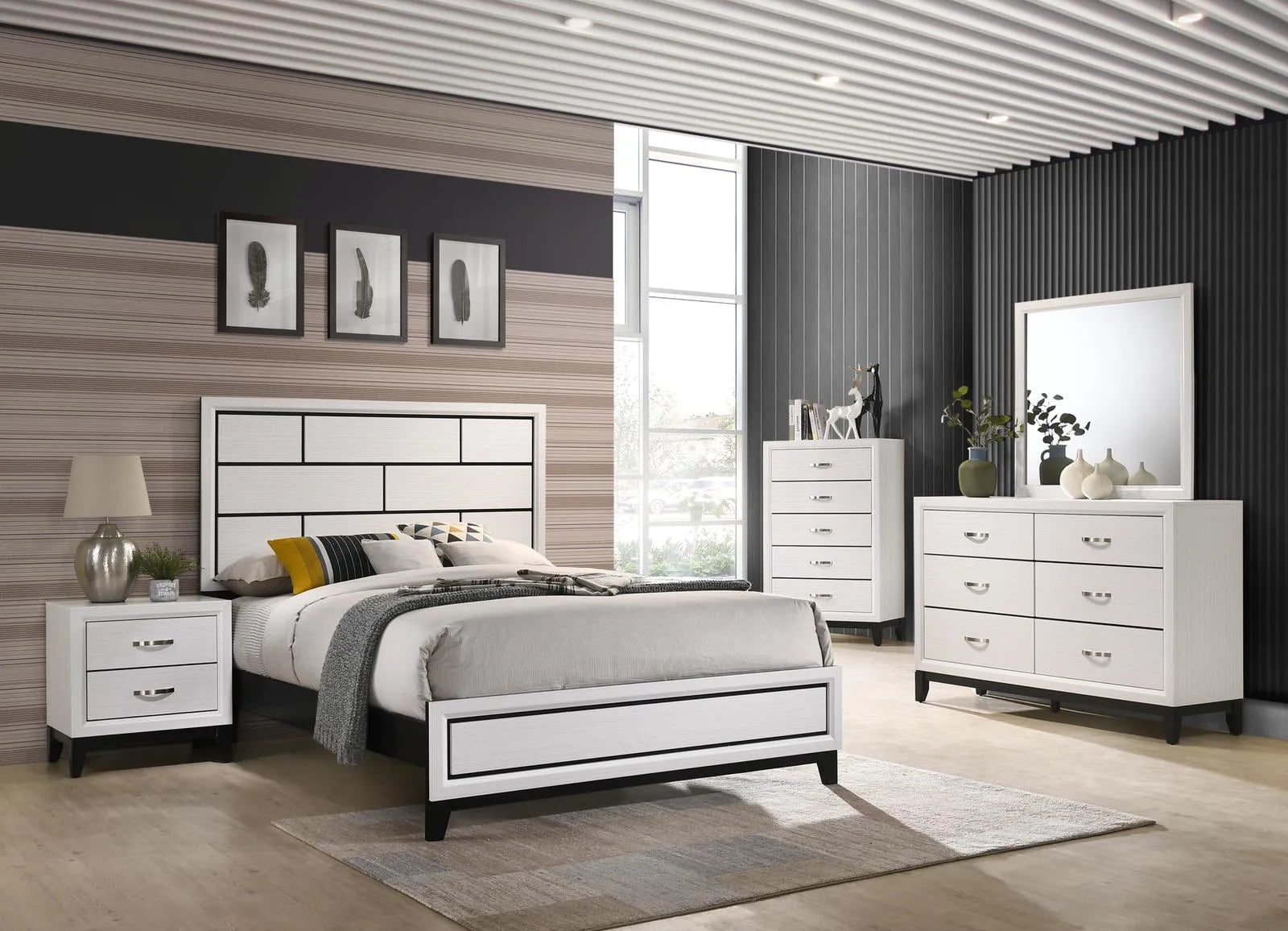 B211 Modern Panel Bed- White & Gray Finish