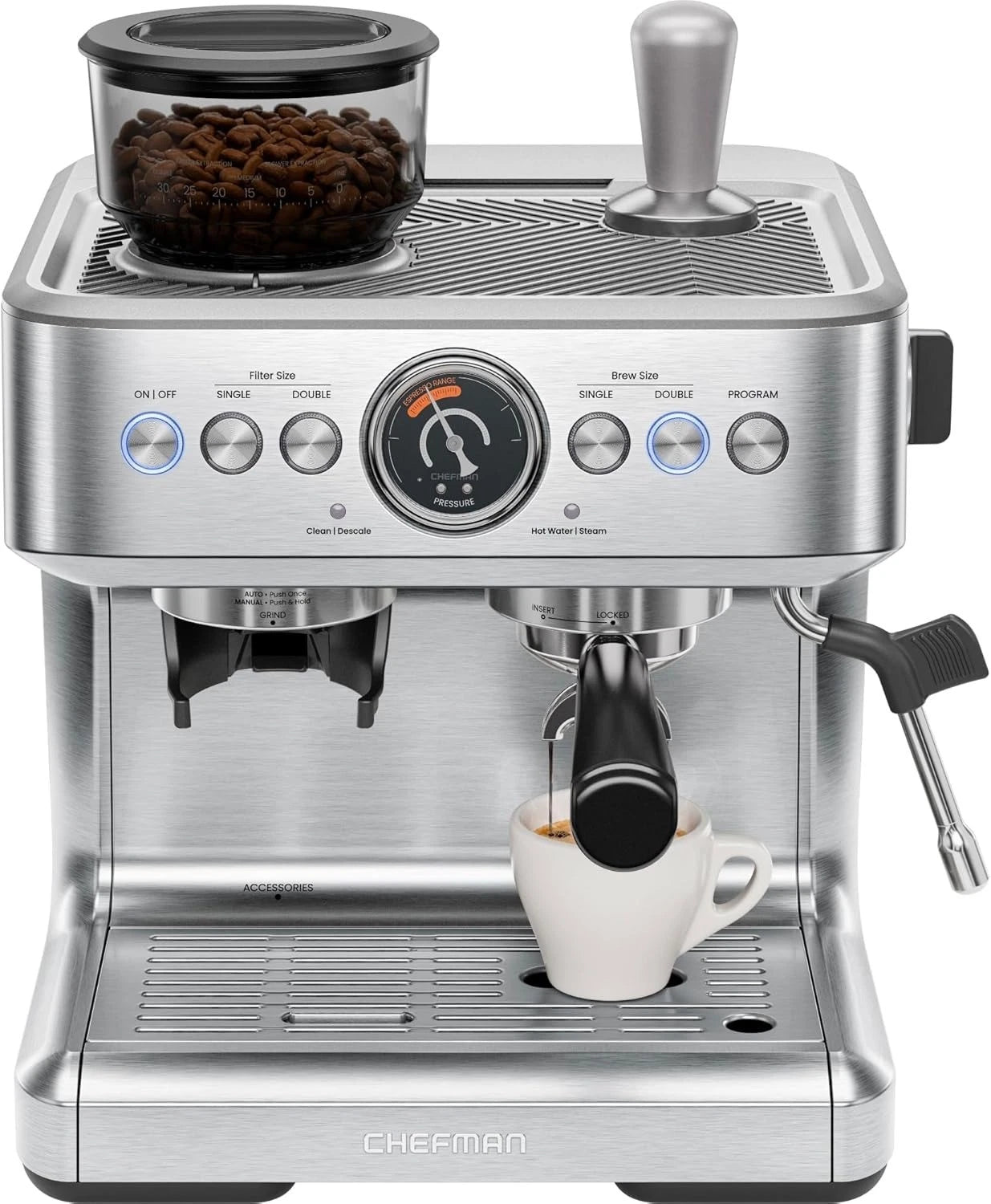 Open Box- Chefman RJ54-G-SS Crema Supreme 15 Bar Espresso Machine with Milk Frother