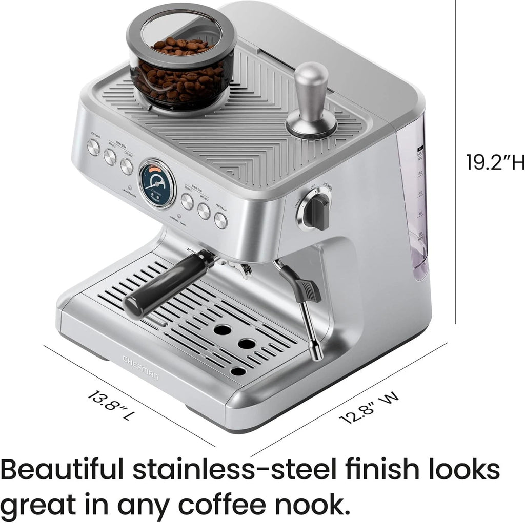 Open Box- Chefman RJ54-G-SS Crema Supreme 15 Bar Espresso Machine with Milk Frother